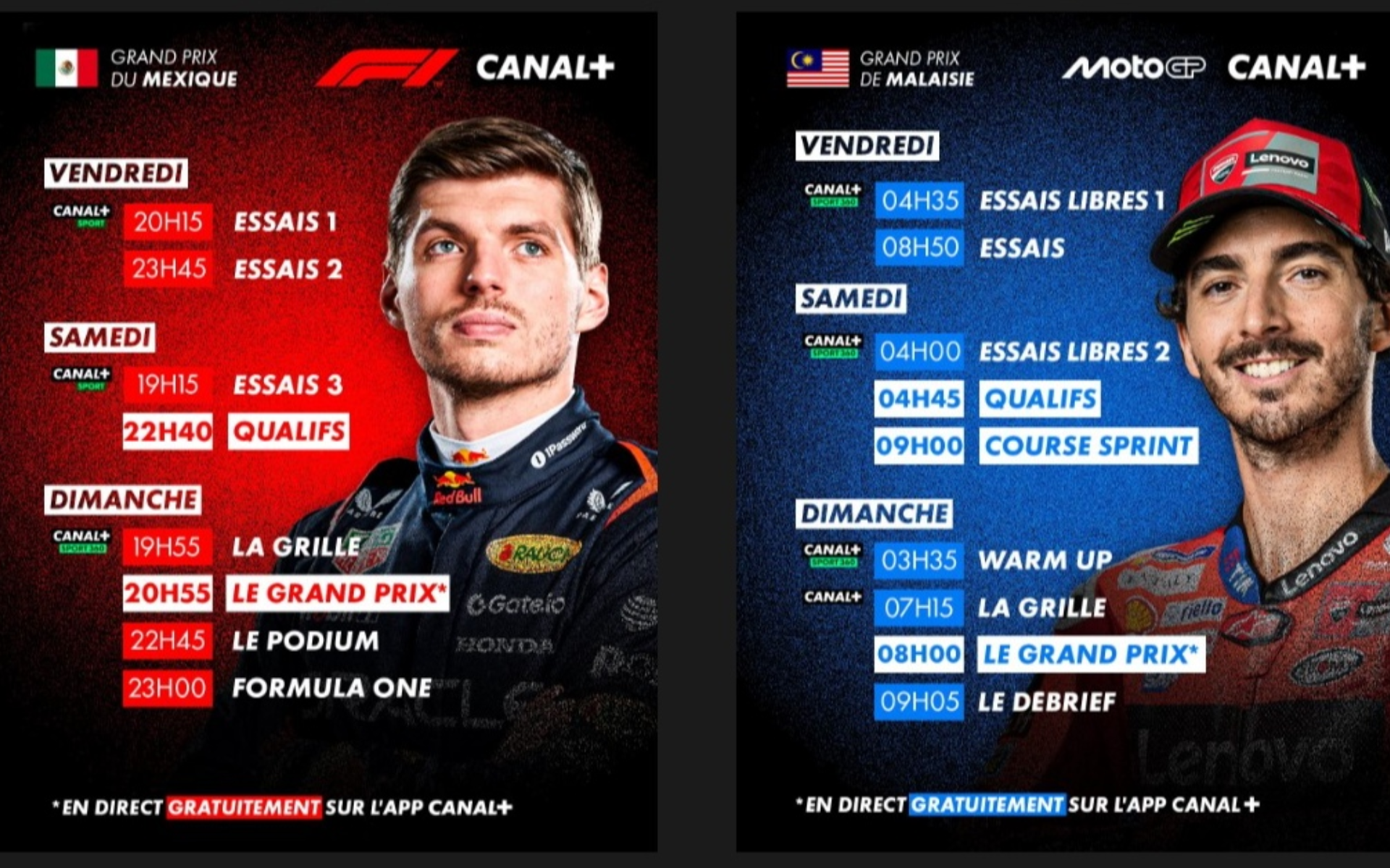 LES GRAND PRIX DU MEXIQUE DE FORMULE 1® et MOTOGP™ DE MALAISIE DISPONIBLES GRATUITEMENT SUR L'APP CANAL+